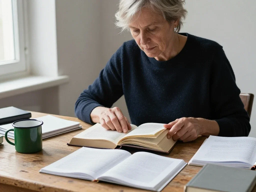 Une lectrice explore divers ouvrages pour une compréhension approfondie sur un bureau en bois.